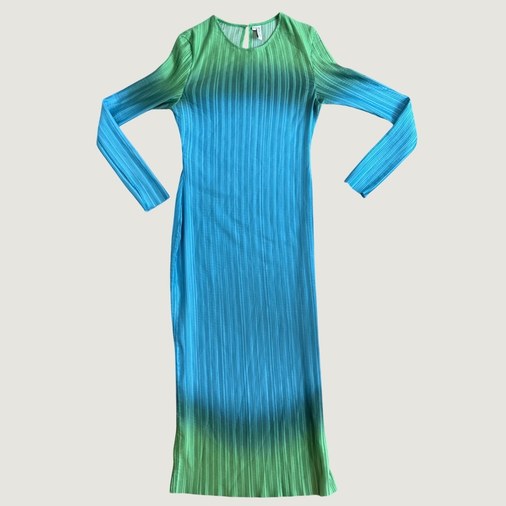 Arthur Apparel Plisse Maxi Dress Size 6 Ombre Gradient Long Sleeve Blue Green